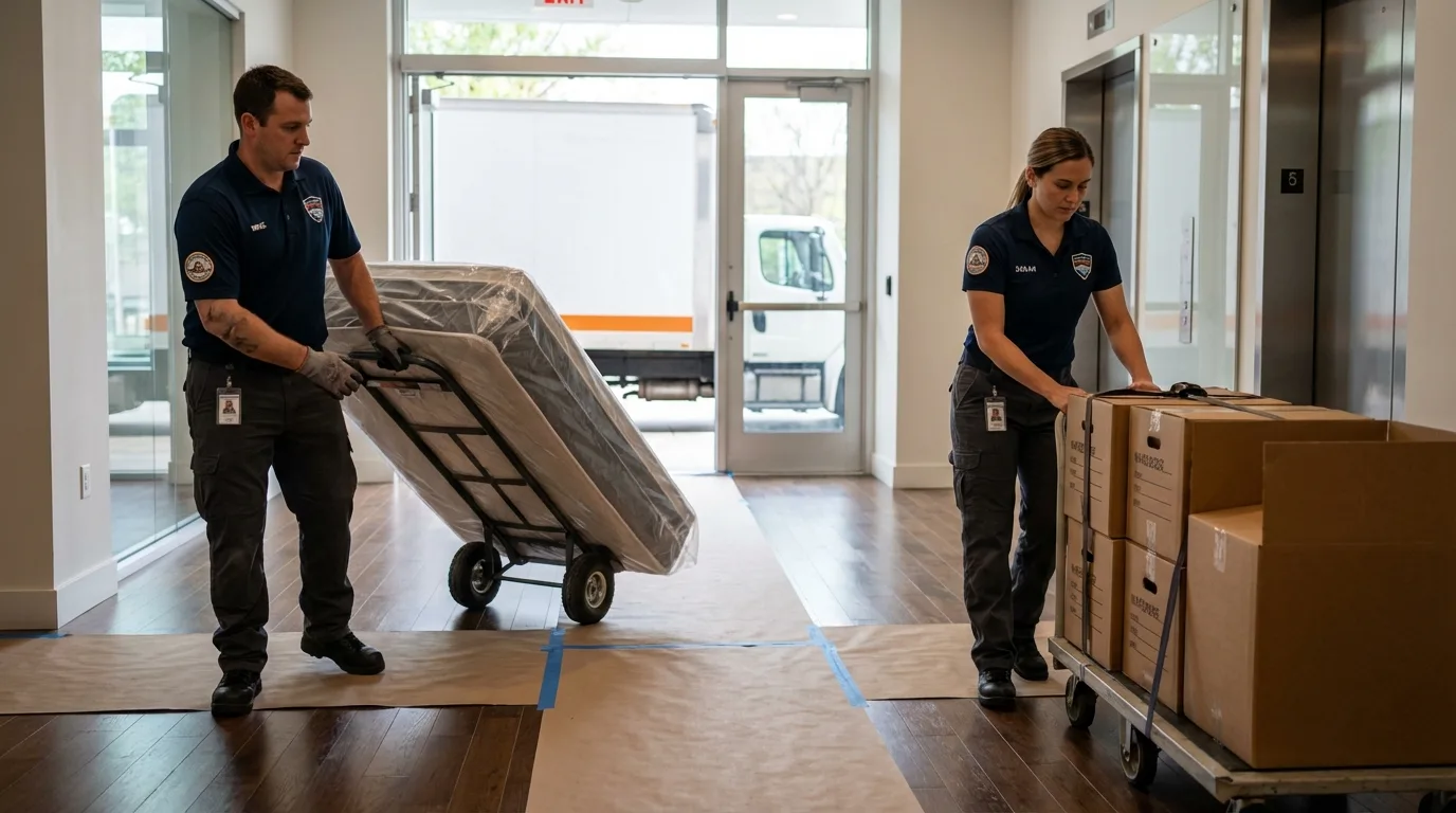 Professional apartment movers loading elevator in Duvall, WA